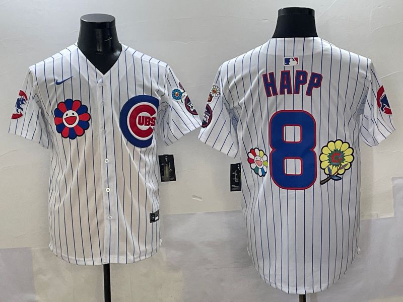 Men Chicago Cubs #8 Happ White Stripe Flower Edition 2025 Nike MLB Jersey style 2